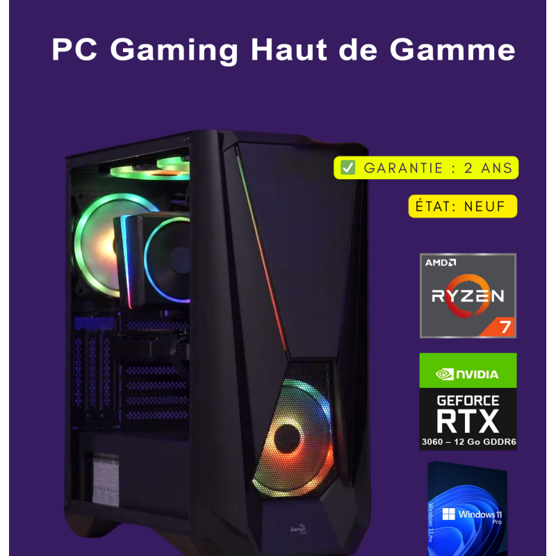 PC Gamer Ryzen 7, RTX 3060, 64 Go RAM, SSD 4 To – Hautes performances & Garantie 2 ans